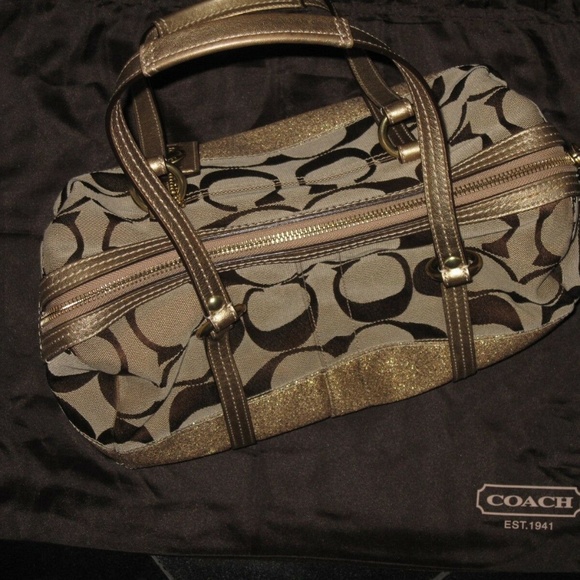 STUNNING VINTAGE PRISTINE METALLIC COACH KHAKI SIGNATURE GOLD  SATCHEL HANDBAG - Picture 6 of 13